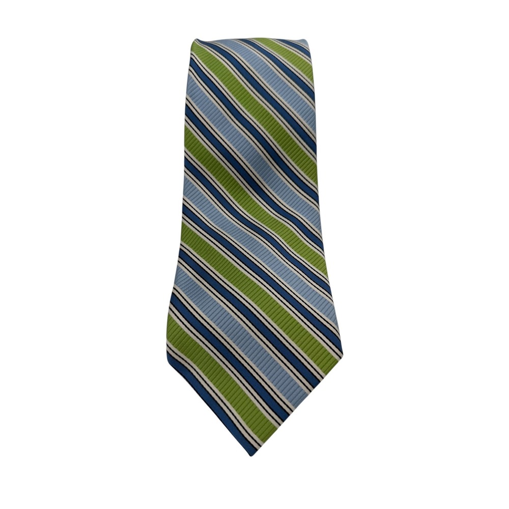 Peter Millar 7 Fold Tie Silk Green Blue White Striped Hand Folded Ribbed (TF17)